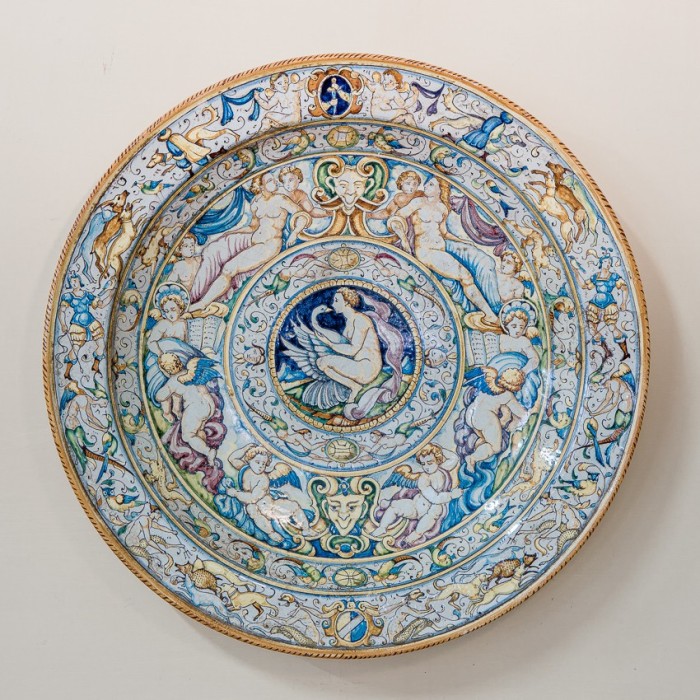 Leda and the Swan Colored Glazed Ceramic Dish